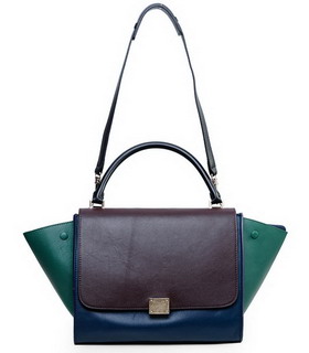 Celine Dark CoffeeSapphire Blue Imported Leather Stamped Trapeze Bag