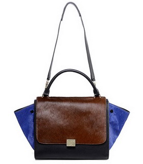 Celine Light CoffeeBlue Horsehair Leather Black Imported Leather Stamped Trapeze Bag
