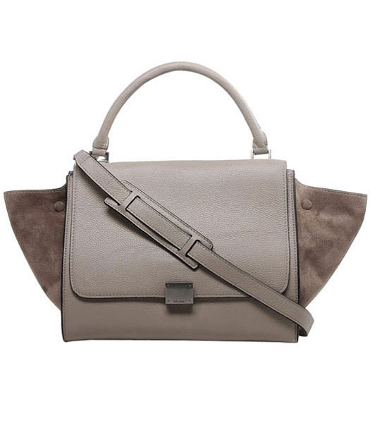 Celine Light Khaki Litchi Pattern Imported Leather With Suede Leather Stamped Trapeze Bag