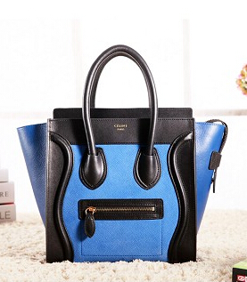 Celine Mini 26cm Small Tote Bag BlackDark Blue With Blue Suede Caviar Leather
