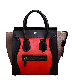 Celine Mini 26cm Small Tote Bag Brick RedGrey Horse Hair With Black Leather