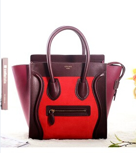 Celine Mini 26cm Small Tote Bag BrownWine Red With Red Suede Caviar Leather