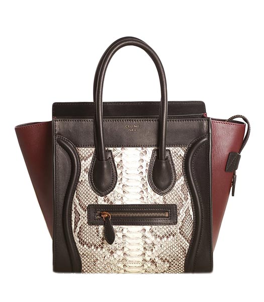 Celine Mini 26cm Small Tote Bag Offwhite Snake Veins With Black/Wine Red Original Leather
