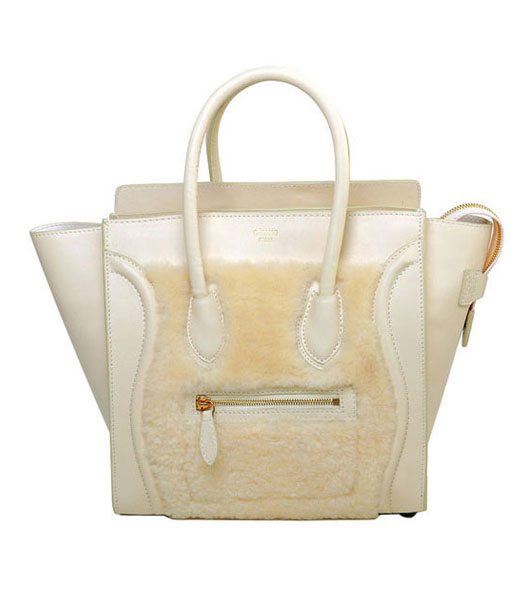 Celine Mini 26cm Small Tote Bag Offwhite Wool Imported Leather With Offwhite Leather