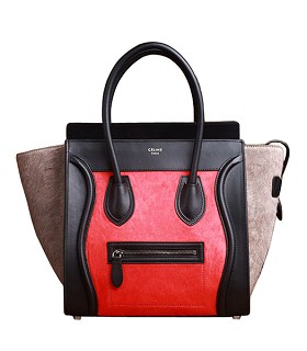 Celine Mini 30cm Brick Red/Grey Horse Hair With Black Leather Tote Bag