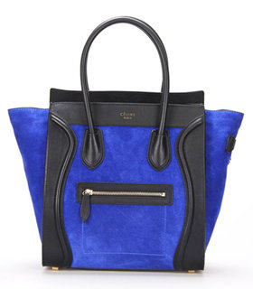 Celine Mini 30cm Electric Blue Suede With Black Leather Tote Bag