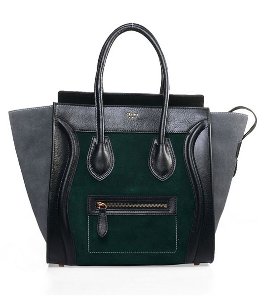 Celine Mini 30cm GreenKhaki Suede Imported Leather Medium Tote Bag With Black Leather