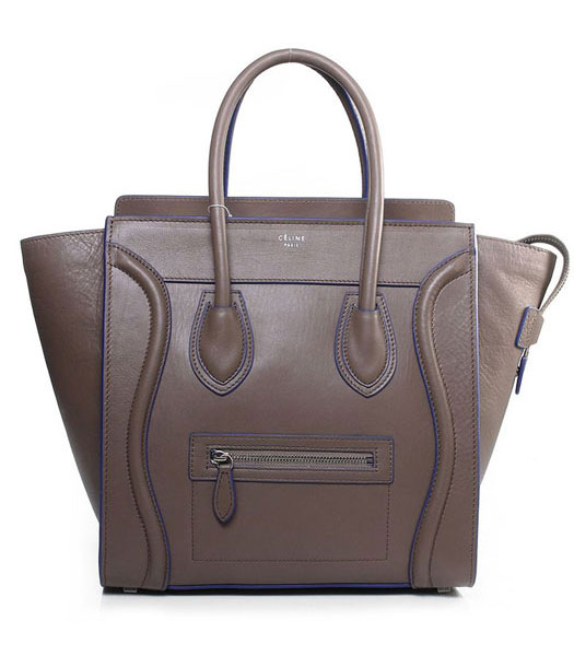 Celine Mini 30cm Khaki Imported Leather Medium Tote Bag With Blue Side