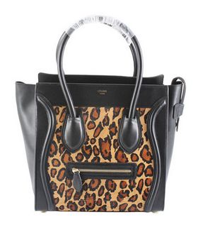Celine Mini 30cm Medium Tote Bag Apricot Leopard Pattern Leather With Black Calfskin