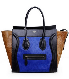 Celine Mini 30cm Medium Tote Bag Blue Horsehair With Black Imported Leather