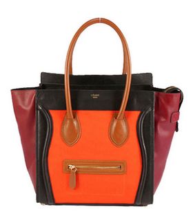 Celine Mini 30cm Medium Tote Bag Orange Fabric With Black Calfskin Coffee Handdle
