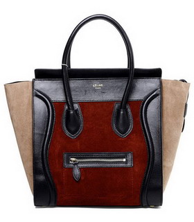Celine Mini 30cm Medium Tote Bag Wine Red Suede Leather With Black Imported Leather