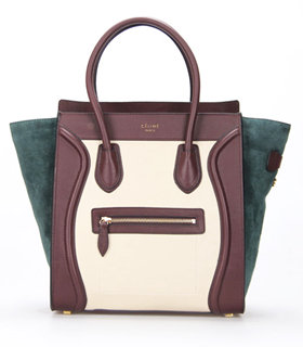 Celine Mini 30cm Offwhite/Dark Green Suede With Wine Red Leather Tote Bag