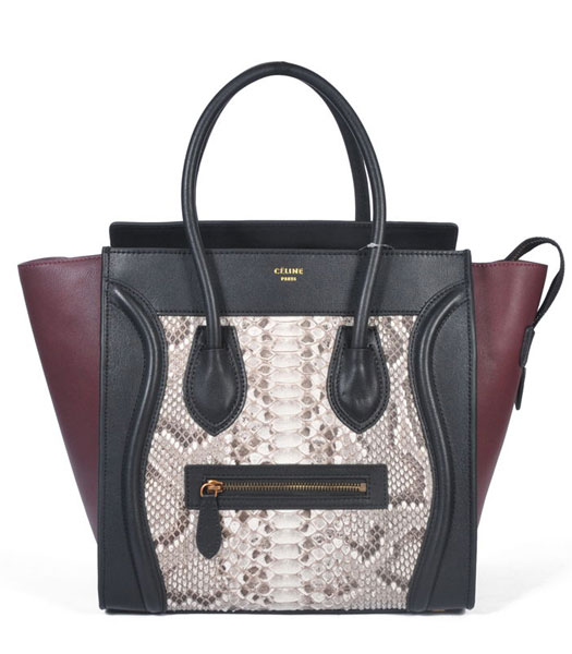 Celine Mini 30cm Offwhite Snake Veins With Black/Wine Red Original Leather Tote Bag
