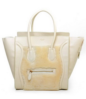 Celine Mini 30cm Tote Bag Offwhite Wool Leather With Offwhite Leather