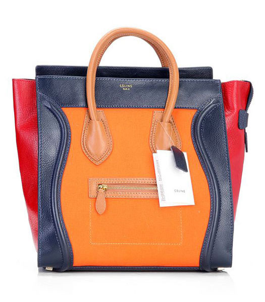 Celine Mini 33cm Large Tote Bag Orange Fabric With Dark BlueDark Red Imported Leather