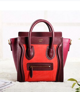 Celine Nano 20cm Small Tote Bag BrownWine Red With Red Suede Caviar Leather