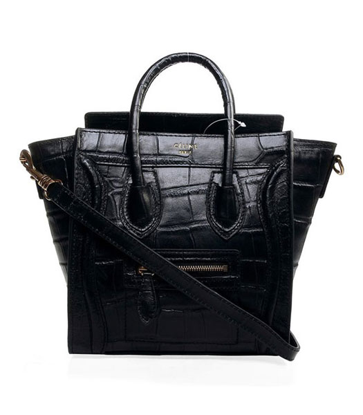 Celine Nano 20cm Small Tote Handbag Black Croc Veins Imported Leather