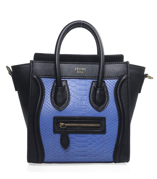 Celine Nano 20cm Small Tote Handbag Blue Snake Veins With Black Original Leather