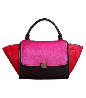 Celine Pink/Brick Red Horsehair With Black Leather Mini Stamped Trapeze Bag