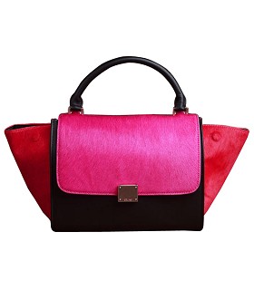 Celine Pink/Brick Red Horsehair With Black Leather Stamped Trapeze Bag