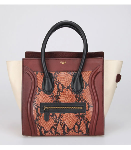 Celine Smile Tote Bag Dark Coffee Snake Veins Leather with Brown&White