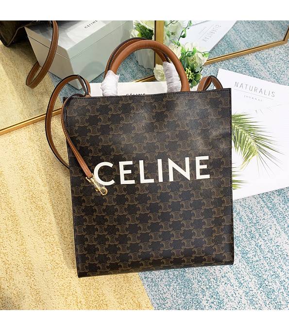 Celine Triomphe Canvas With Brown Original Leather Small Cabas Vertical Tote Bag