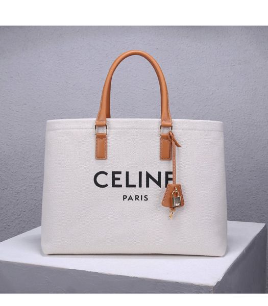 Celine White Canvas With Brown Original Leather Large Tote Bag