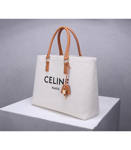 Celine White Canvas With Brown Original Leather Large Tote Bag-8