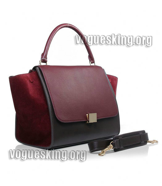Celine Wine Red/Khaki Original Leather With Dark Red Suede Leather Stamped Trapeze Bag-1