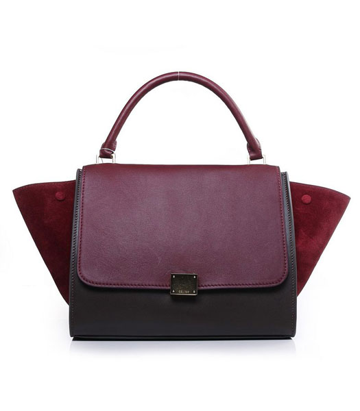Celine Wine Red/Khaki Original Leather With Dark Red Suede Leather Stamped Trapeze Bag