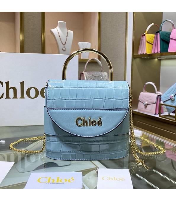 Chloe Aby Lock Blue Original Croc Veins Leather Shoulder Bag