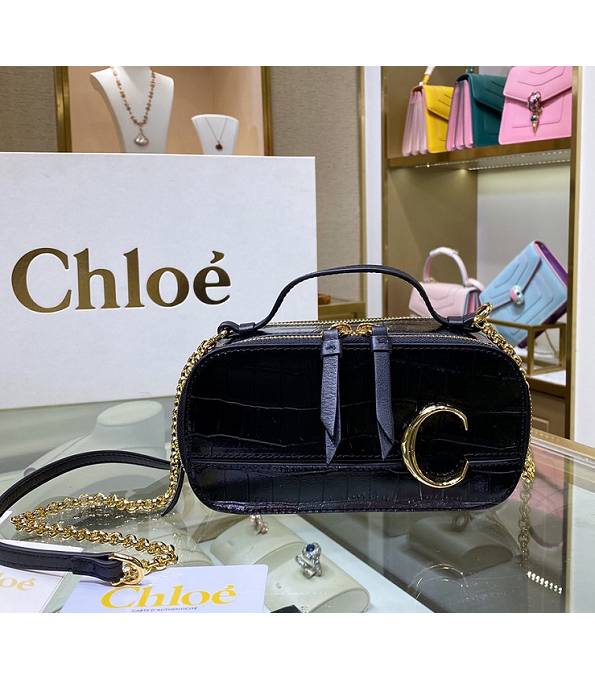 Chloe C Black Original Croc Veins Leather Mini Vanity Shoulder Bag