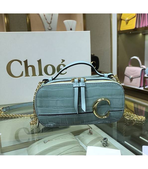 Chloe C Light Blue Original Croc Veins Leather Mini Vanity Shoulder Bag