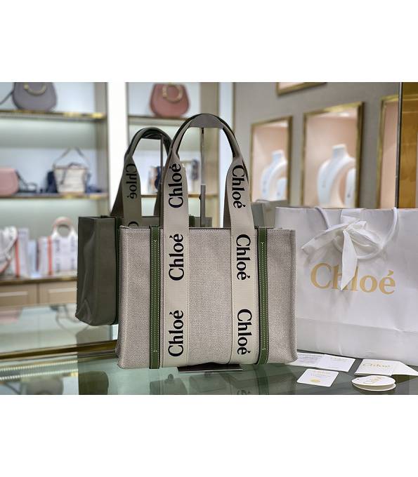 Chloe Canvas With Green Original Leather Medium Woody Tote Bag