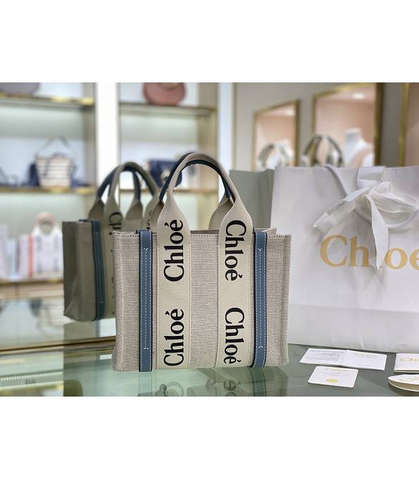 Chloe Canvas With Haze Blue Original Leather Small Woody Tote Bag