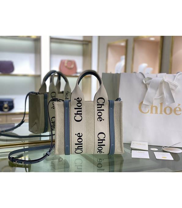Chloe Canvas With Haze Blue Original Leather Small Woody Tote Shoulder Bag