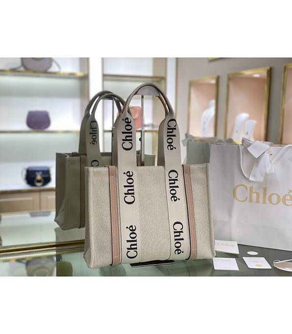 Chloe Canvas With Nude Pink Original Leather Medium Woody Tote Bag