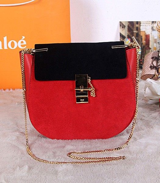 Chloe Drew Medium Bags Black/Red Suede Leather Golden Chain