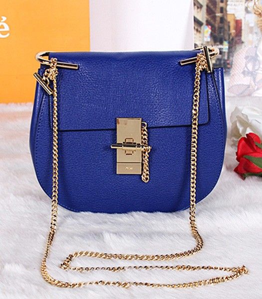 Chloe Drew Small Bags Sapphire Blue Leather Golden Chain
