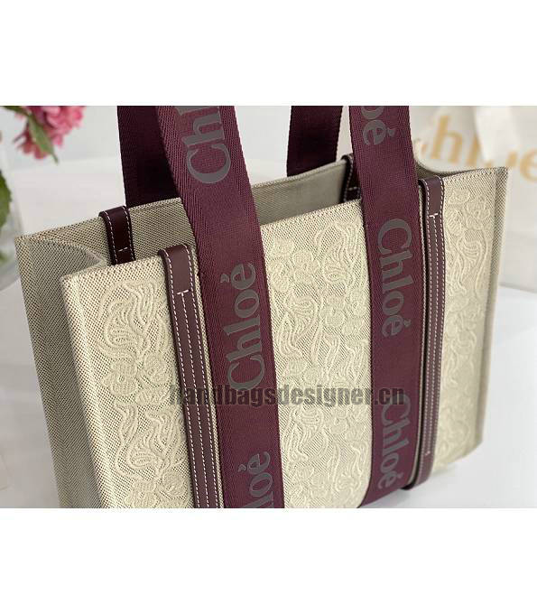 Chloe Flower Embroidery Canvas With Jujube Red Original Leather Medium Woody Tote Bag-3