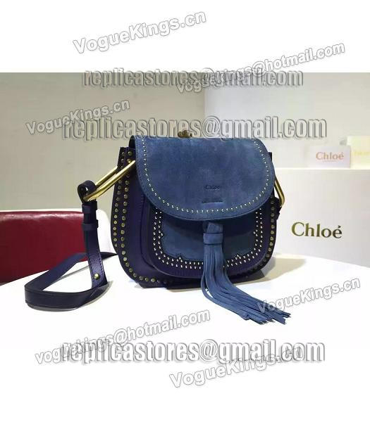 Chloe Fringed Sapphire Blue Leather Golden Rivets Shoulder Bag-1