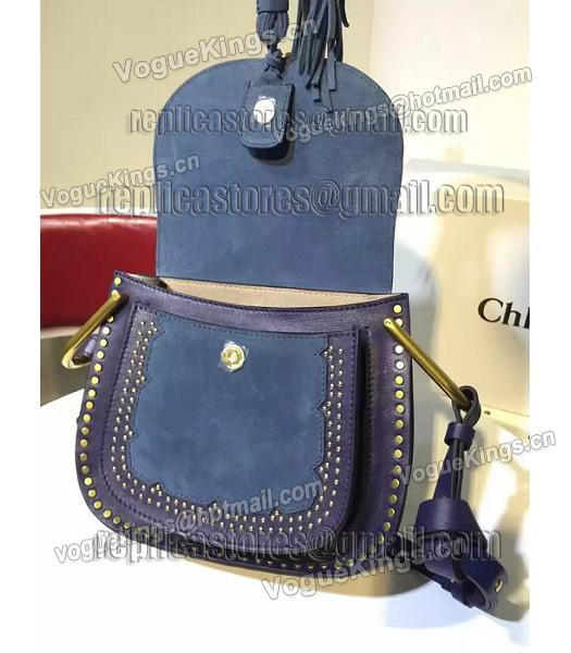 Chloe Fringed Sapphire Blue Leather Golden Rivets Shoulder Bag-4