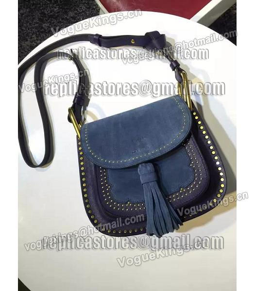 Chloe Fringed Sapphire Blue Leather Golden Rivets Shoulder Bag-5