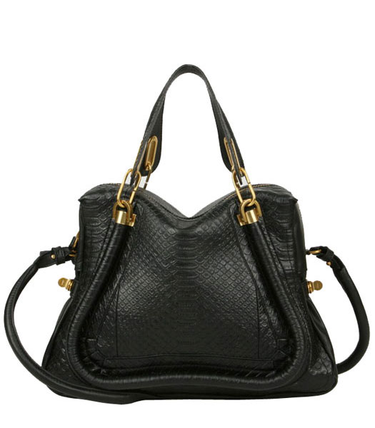 Chloe Paraty GM Handbag Black Snake Veins Leather