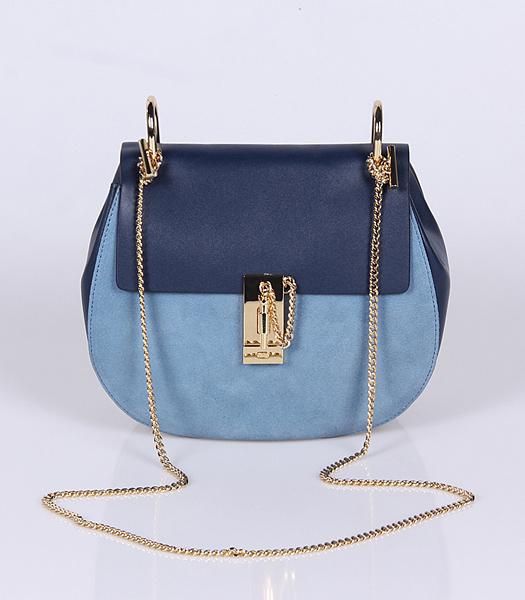 Chloe Suede Leather Crossbody Bag Golden Chain Light Blue&Sapphire Blue