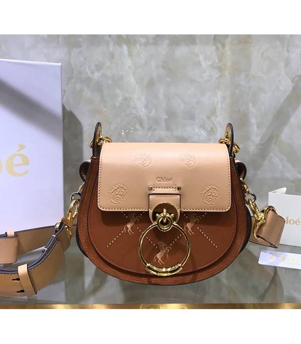 Chloe Tess Horse Embroidery Brown/Nude Pink Original Calfskin Leather Small Shoulder Bag