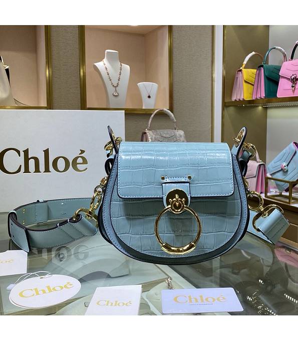 Chloe Tess Sky Blue Original Croc Veins Calfskin Leather Small Shoulder Bag