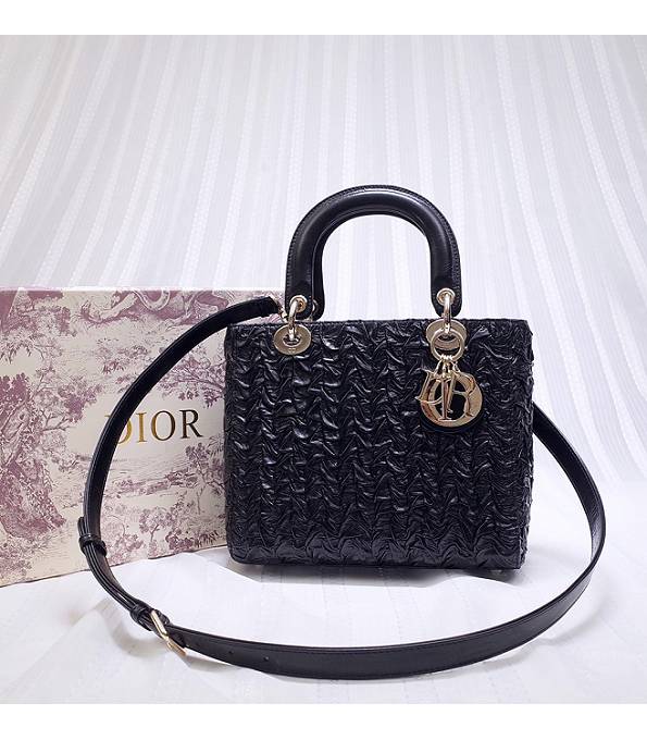 Christian Dior Black Original Crinkled Veins Lambskin Leather Golden Metal 24cm Tote Bag
