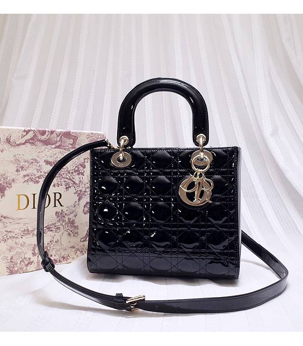 Christian Dior Black Original Patent Leather 24cm Golden Metal Tote Bag